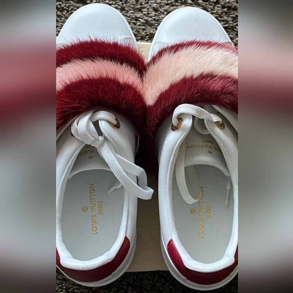 Louis Vuitton White Sneakers with Red and Pink Fur - Picture 3 of 4
